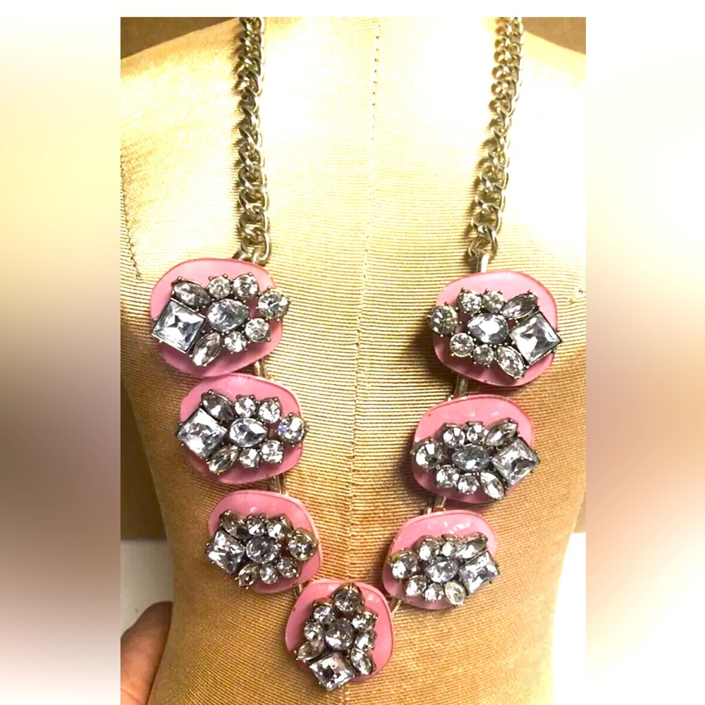 LOFT Pretty Pink Enamel Pieces Topped with Sparkling Rhinestones Necklace